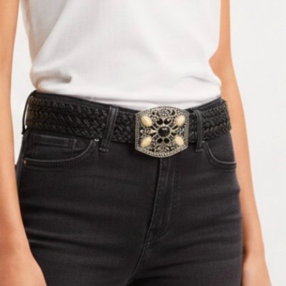 Chico’s Belt Black Braided Big Buckle Faux Leather Stone Buckle Adjustable M